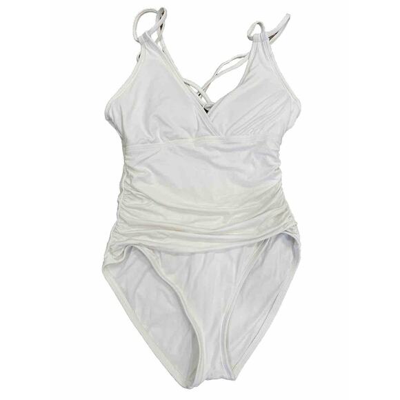 La Blanca Womens Swimsuit One Piece Solid White Ruching Straps Stretch Size 8 - Picture 1 of 9